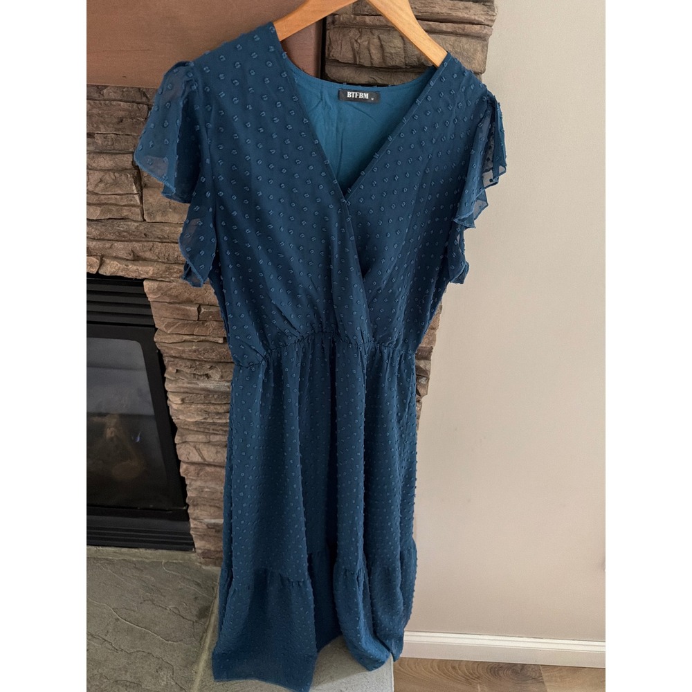 Swiss Dot V-Neck Sheer Midi Dress Womens M Teal Blue Flutter Sleeve Wrap Boho